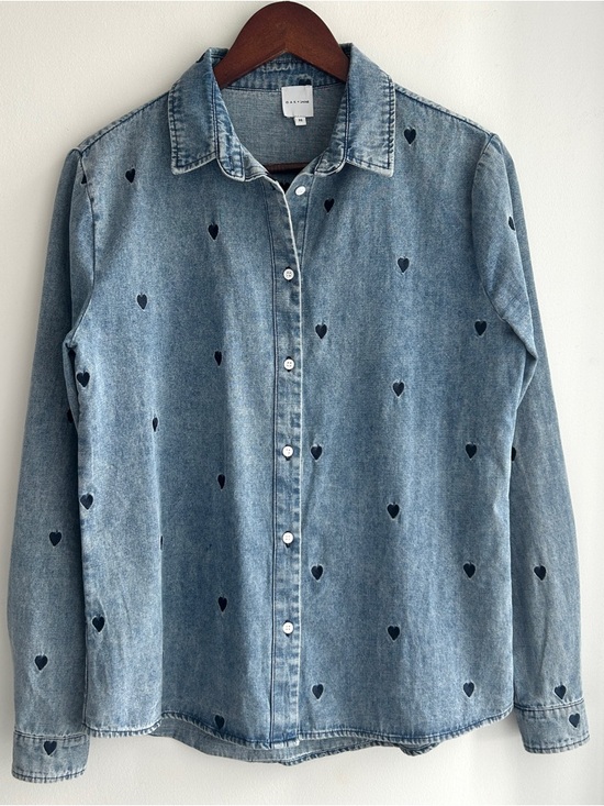 OAK + SHINE Tops - Blue Denim Shirt with Black Heart Motifs